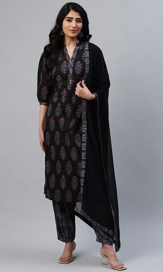 WHAT IS FABRIC TRADER? Black Cotton Printed Salwar Suit